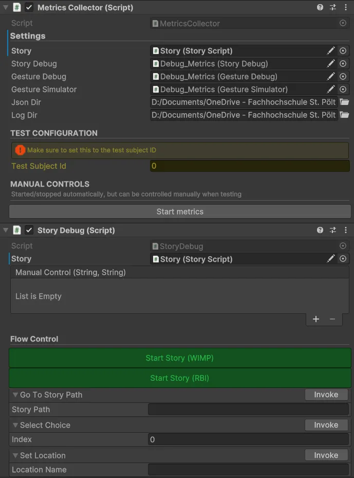 A screenshot of the custom Unity Editor inspector used for debugging and metrics collection