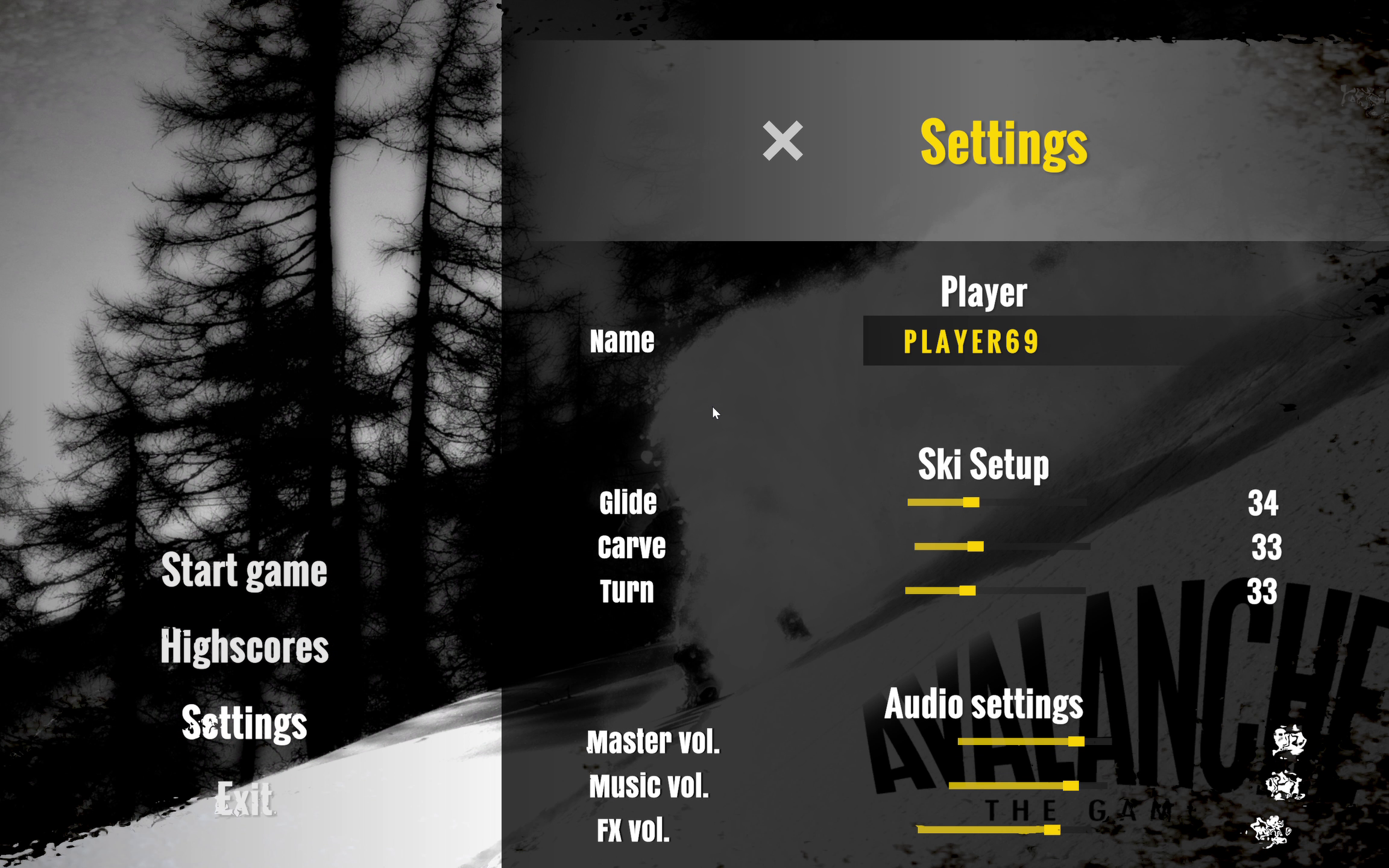 Game settings: Adjust your ski setup and other options