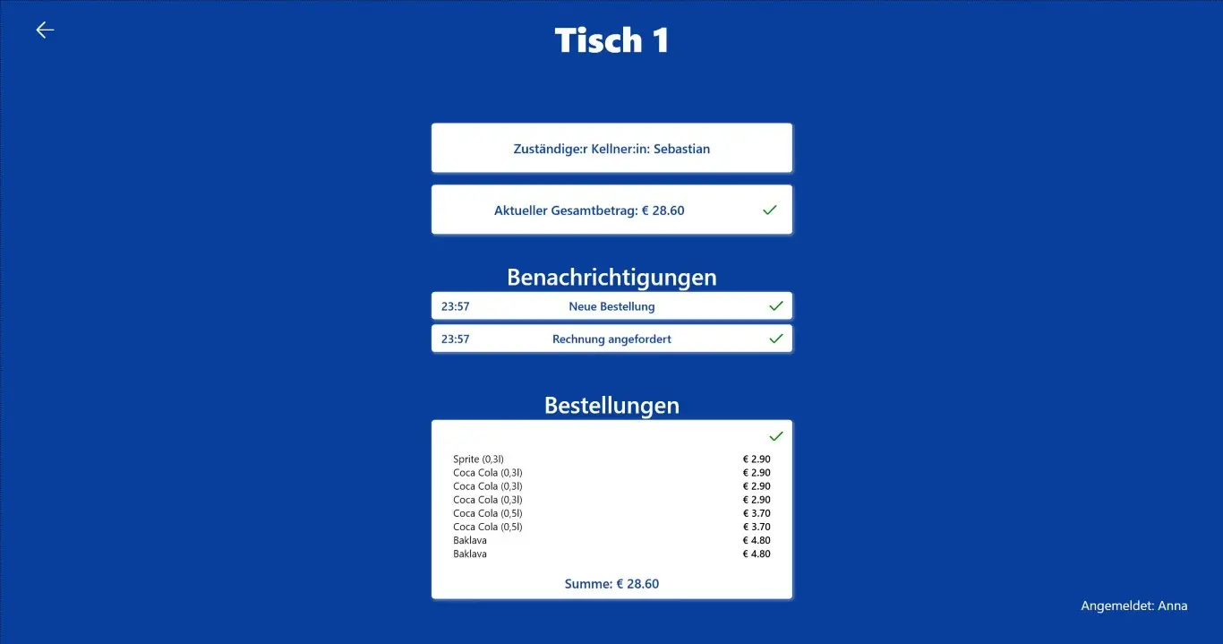 Staff view: Table details and order management